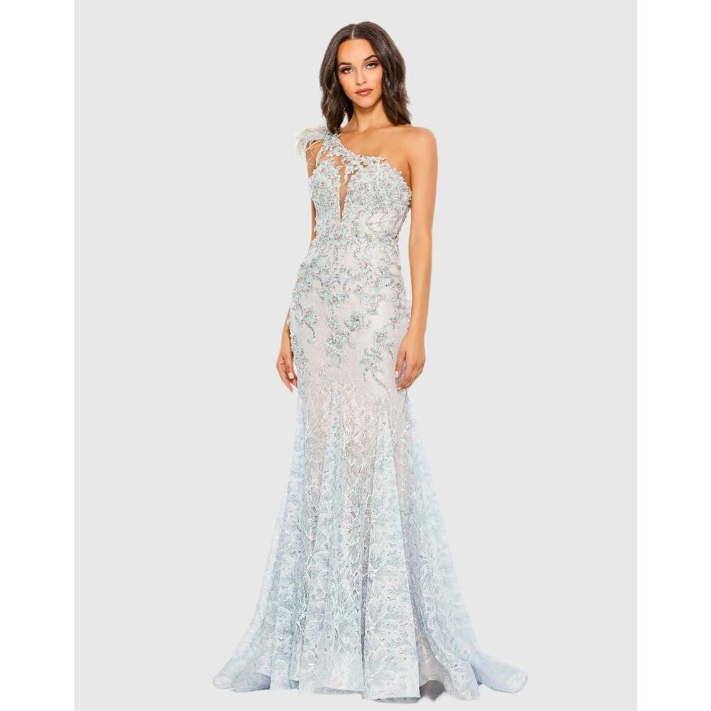 Mac Duggal 79264 Blue Embroidered Applique Feathered One Shoulder Gown 16 NWOT
